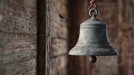 Obraz premium Antique silver bell hanging against rustic wooden background, evoking nostalgia and charm.