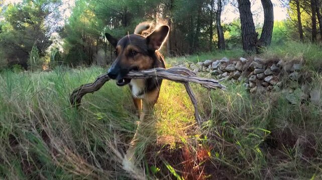 PORTRAIT, LENS FLARE: Cheerful dog proudly carries large, gnarled stick through tall grass, bathed in warm, golden light of setting sun filtering through pine trees. Dog walk in Mediterranean forest.