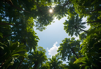 Fototapeta premium Sunlight and Blue Sky Over Tropical Rainforest