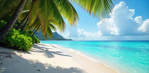 Fototapeta premium Sun-drenched white sand beach in Tahiti, turquoise water laps gently at the shore, lush tropical foliage provides shade Perfect for relaxation and escape , french polynesia, nature, waves