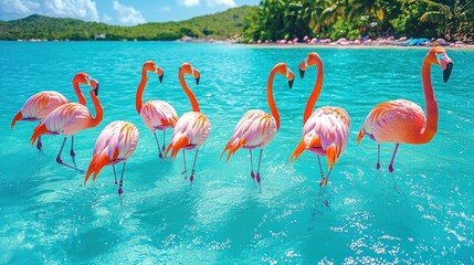 Obraz premium Seven Pink Flamingos in Turquoise Waters: A Caribbean Paradise