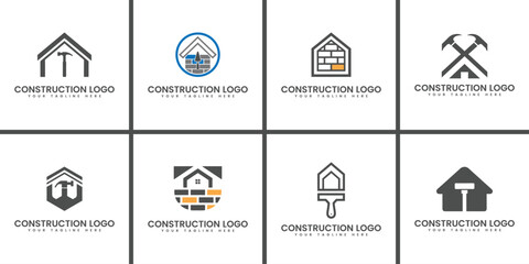 Collection of eight distinct construction and building industry logo designs featuring architectural elements and tools