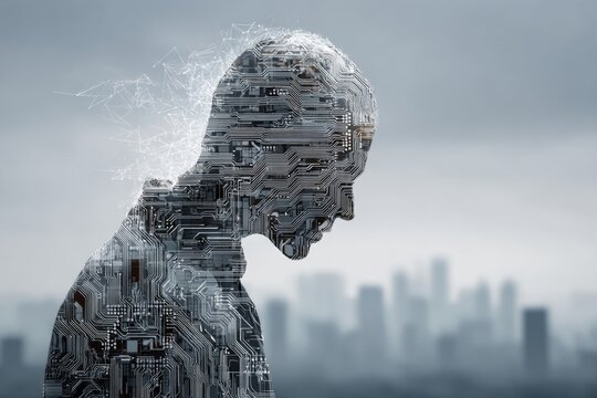 Symbolic fusion: human emotion meets circuit board pattern. Innovative dating tech. Ai in dating: balancing authenticity and innovation. Ai and emotions. Ai dating concierges.