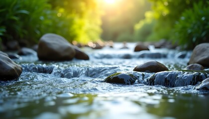 Fototapeta premium Nature's Purity: Sun-Kissed Crystal Waters Over Smooth River Stones
