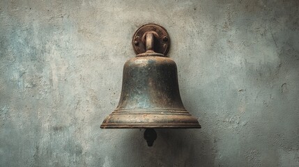 Weathered bronze bell mounted on a textured wall, symbolizing tradition and history.