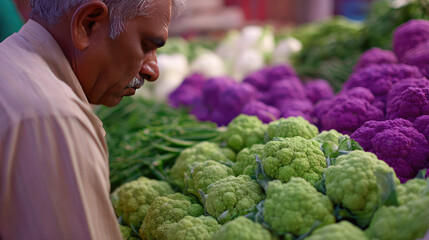 Man examining green and purple vegetables on display at a market stall. Concept: fresh produce, market shopping, colorful vegetables