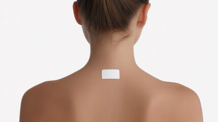 A woman with a white patch placed on the upper back. Health treatment concept