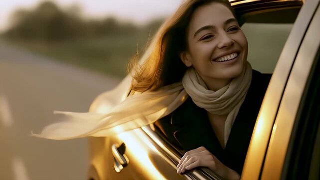 Girl in car leans out window, wind lifts scarf as girl in car laughs along open road, sunlit trees blur while girl in car savours pure freedom. Concept travel joy.