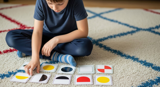 A young boy wearing blue pajamas sits cross legged on a rug playing a matching game with shape cards