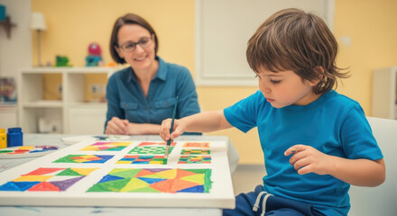 Fototapeta premium A young boy in a blue shirt paints colorful geometric shapes with an adult watching and smiling nearby