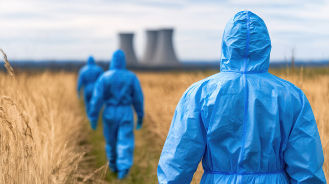People wearing blue protective suits walk through a field towards large industrial structures in the background. Environment, safety, protection, industry