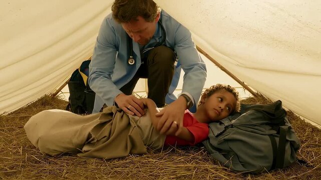 Camper checks friend, first aid bandage wraps ankle, caring hands repeat first aid practice so injured hiker trusts first aid skills. Concept outdoor safety.