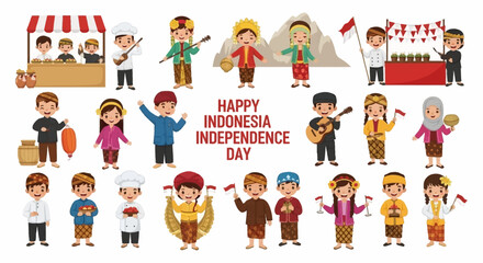 A diverse collection of cute cartoon Indonesian children celebrating Independence Day in traditional cultural attire. Vector Illustrations. EPS Editable