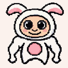 Anomali Italian Brainrot. Charming pixel art character in a white bunny costume with large shiny eyes and a happy smile. Vector Illustrations. EPS Editable