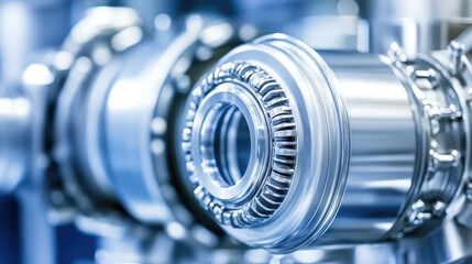 Fototapeta premium A close-up of a shiny metallic gear in a machine setup with blurred machinery in the background. Industrial machinery, engineering precision
