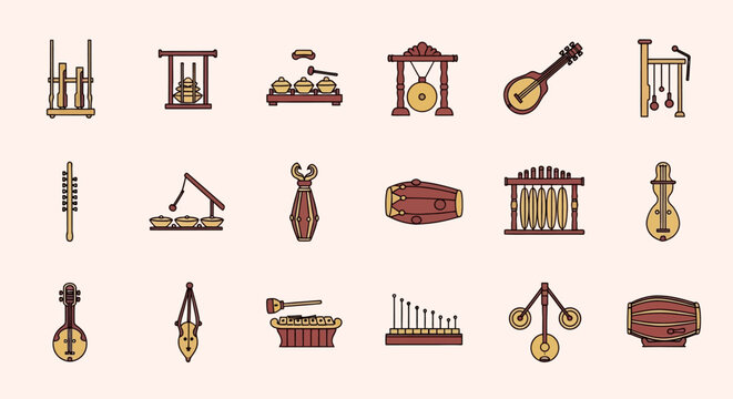 Colorful Flat Icon Set of Traditional Indonesian Gamelan Musical Instruments. Vector Illustrations. EPS Editable