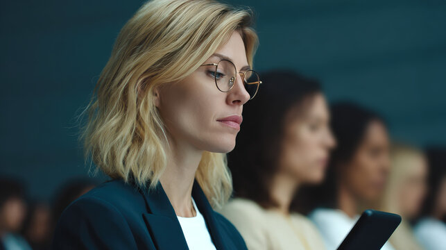 A businesswoman with glasses is sitting attentively, looking at a smartphone. Woman at a conference or meeting