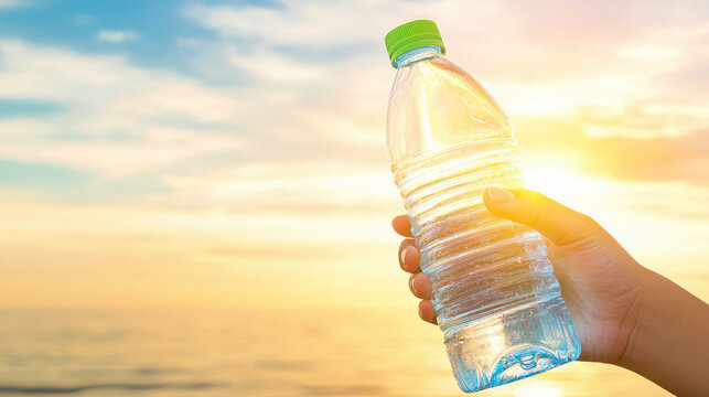 A hand holds a clear plastic bottle of water against a sunset or sunrise over the ocean. Refreshment and nature captured in a serene moment