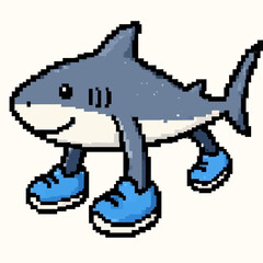 Anomali Italian Brainrot. Pixel art of a friendly anthropomorphic shark with legs and blue sneakers. Vector Illustrations. EPS Editable