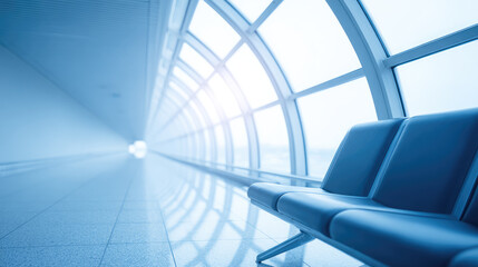 Fototapeta premium Modern airport terminal with a sleek, empty walkway and seating area bathed in blue light. Concept: travel, minimalism, architecture