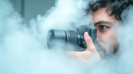A man peers through a camera lens, surrounded by fog, focusing intently. Capturing moments, focus, photography