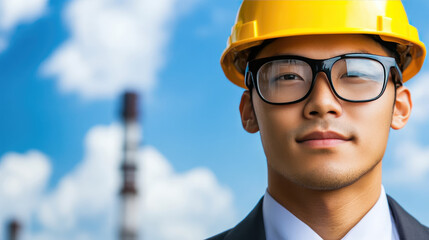 Young asian man wearing a yellow hard hat and glasses stands outdoors against a blue sky with fluffy clouds. Professional engineer portrait, industrial setting