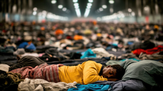 A migrant man is sleeping in front of a crowd of migrant refugees, a subway shelter, and a temporary shelter. Rest, community shelter