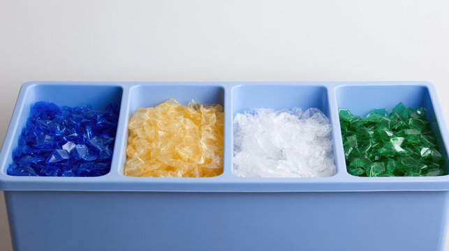 Blue container holds four colorful sections of crushed glass in blue, yellow, white, and green. Vibrant glass materials organized in compartments