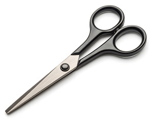 Fototapeta premium A pair of black handled scissors with silver blades isolated on a white background in a studio shot