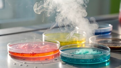 Macro photo of colorful chemicals reacting in petri dishes, smoke or bubbles forming, soft lighting and blurred background