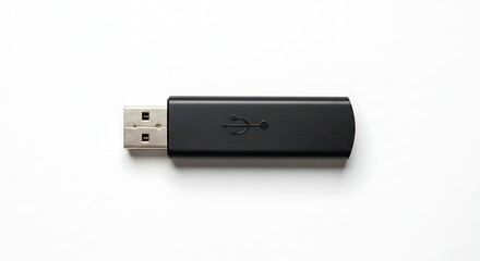 A black USB drive is isolated on a clean white background, ready to be used.