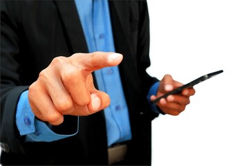 Closeup of a business man's hand with his left hand holding a cell phone and his right hand pointing at the camera.