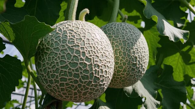 Close up view of two cantaloupes hanging from a vine surrounded by vibrant green leaves outside