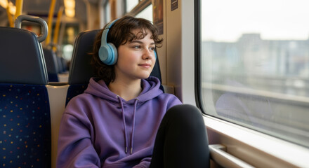 A young woman with headphones looking out the window on a train during a daytime travel journey ride