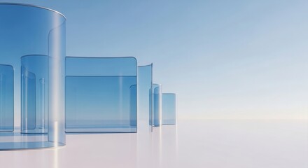 Abstract composition of translucent blue geometric shapes and cylinders against a soft gradient sky background