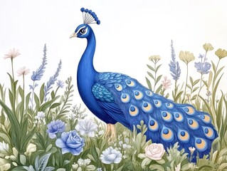 Fototapeta premium Vibrant whimsical of a kawaii peacock with a dazzling ornate tail strutting through a surreal lush garden filled with blooming flowers and lush foliage in a bold