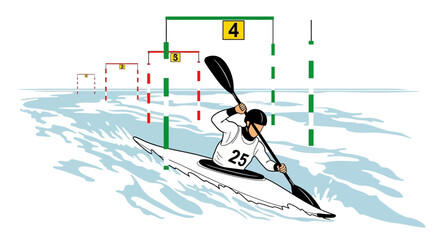 Illustration of man kayaking through water slalom course
