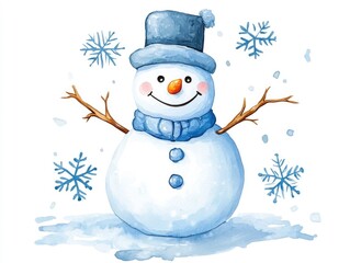Charming and cheerful kawaii snowman character surrounded by vibrant colorful snowflakes in a bold pop art style with contrasting shades of blue and white  creating a playful  festive