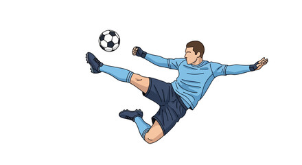 Illustration of soccer player kicking ball in mid-air
