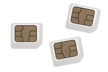 Three sim cards lying on a white background