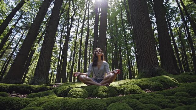 Woman sits cross-legged on mossy ground under tall pines, forest meditation slows breath as sunlight filters in, birds echo forest meditation calm, guiding forest meditation focus.