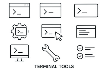 Collection of terminal tool icons featuring commands and settings