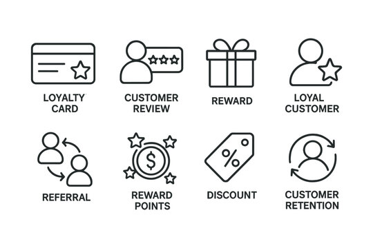 Icons illustrating customer loyalty programs and retention strategies
