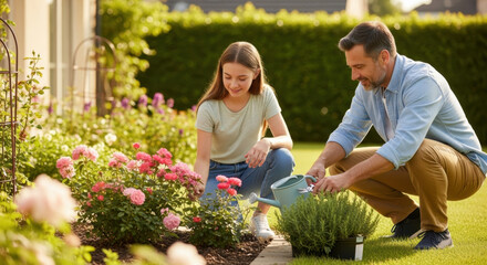 A father and daughter tending to pink roses in a sunny garden with a watering can and green hedge