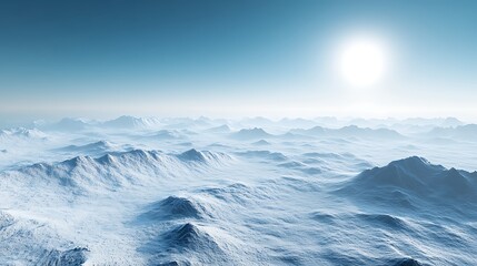 Snowy Mountain Range Landscape with Sun Shining in Blue Sky