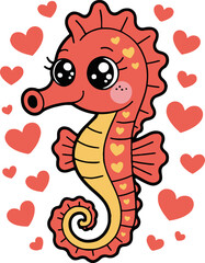 Cartoon seahorse with big eyes surrounded by red hearts on a white background illustration art