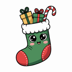 A cartoon christmas stocking filled with gifts and a candy cane with a cute smiling face design