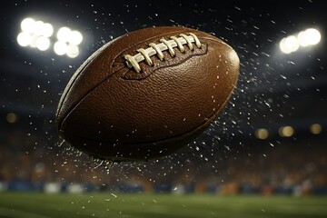 An ultra-detailed close-up of a football soaring through mid-air during a high-speed kick, captured in razor-sharp slow motion.