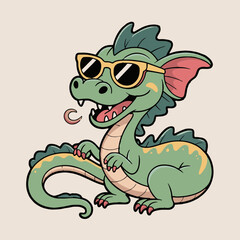 A cartoon green dragon wearing sunglasses and sticking its tongue out with a light background