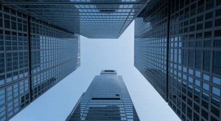Modern skyscrapers ascend towards a pale sky, viewed from a low angle.